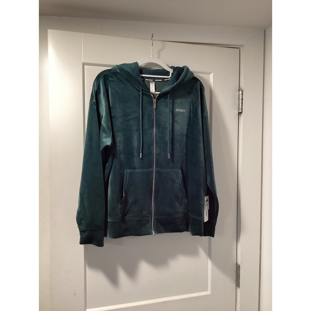 DKNY‎ Sport Womens Velour Full Zip Hoodie Dark Green Rhinestone Logo DP5J9233 S